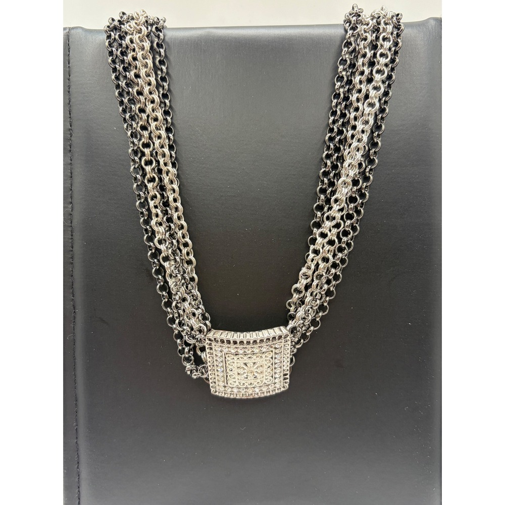 Multi Strand Gunmetal Silver Tone Rhinestone Square Filigree Statement Necklace